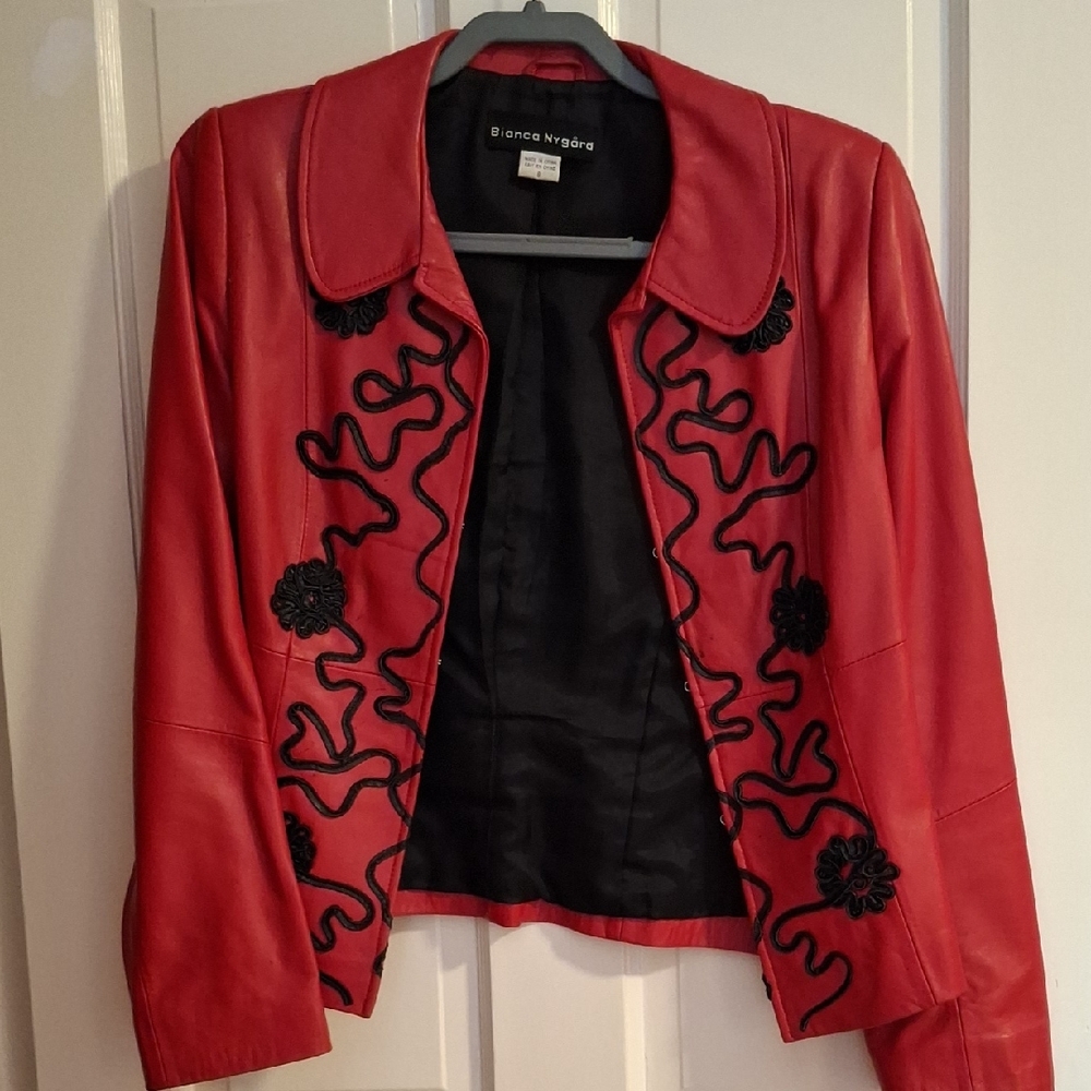Red Women's Blazer with Black Detailing